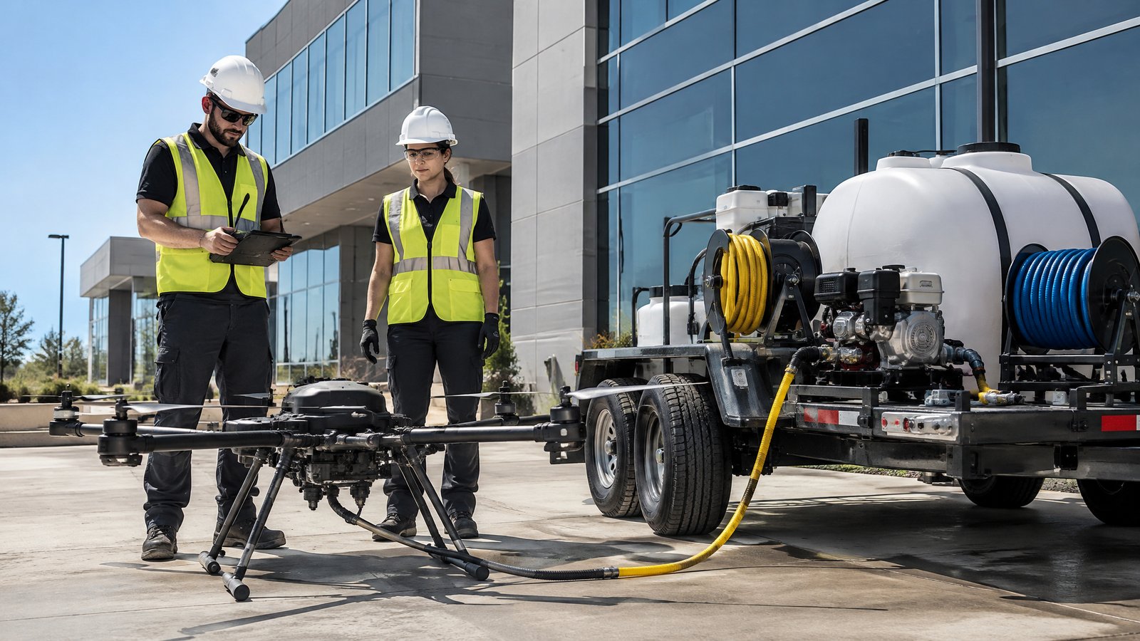 Two drone cleaning technicians in hi-vis beside a tethered cleaning drone and trailer-mounted pump