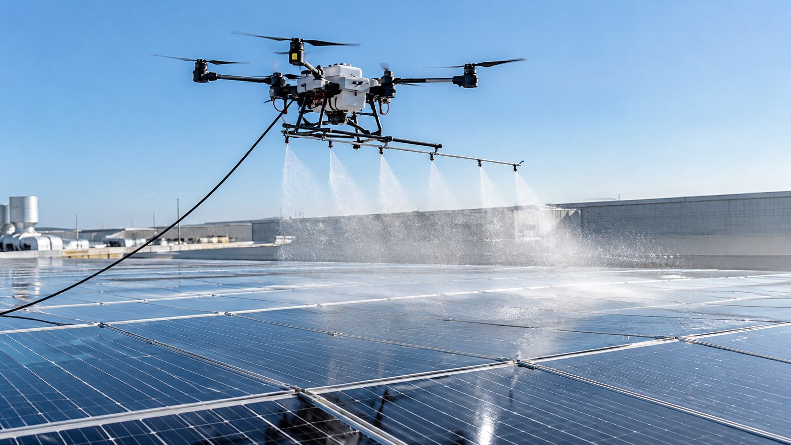 Drone photo illustrating: Drone Solar Panel Cleaning: Methods and Frequency