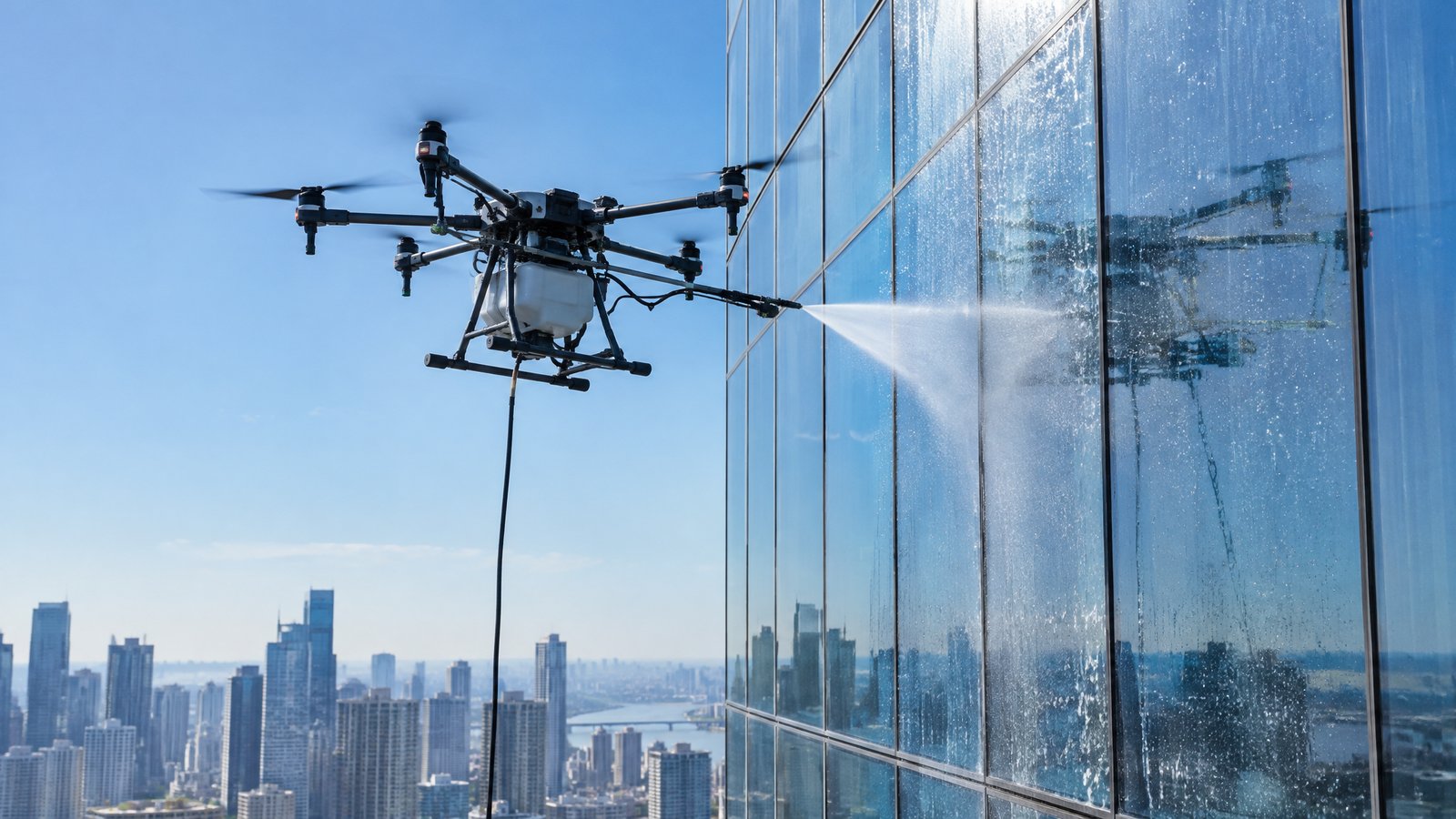 Drone photo illustrating: Drone Window Cleaning: What Facility Managers Need to Know